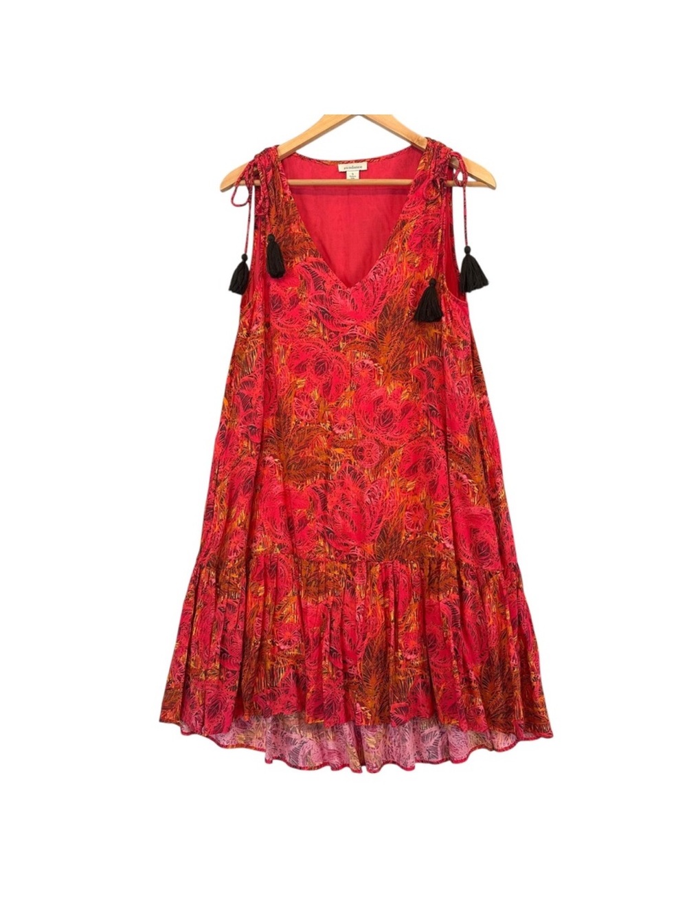 Sundance Flamenco Floral Tiered Dress Red Pink Boho‎ Tassel Pockets Size Small